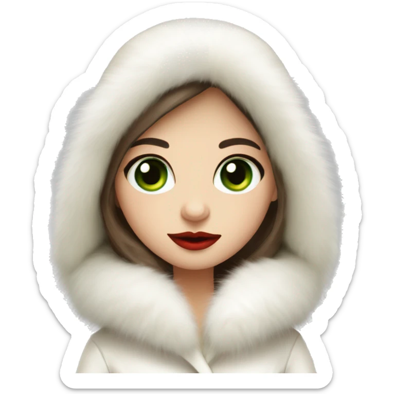 Slavic girl with green eyes and brown long hair wearing a white fur hat and white fur coat with red lips sticker