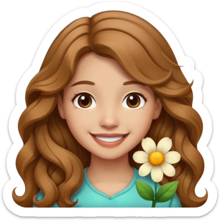 Please generate a portrait of a pretty girl with long, wavy, light brown hair., she's smiling. sticker