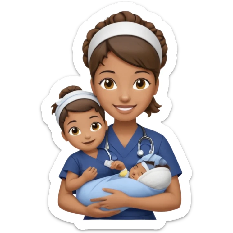 Female nurse smiling wearing no hat with her hair tied up in a roll on the top front of head with medium brown skin and brown eyes holding one new born with navy blue short sleeves sticker