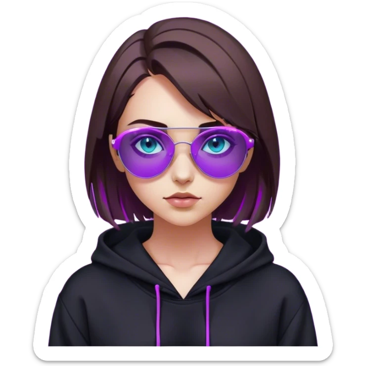 
girl with brown bob and blue eyes in a black hoodie and sunglasses. Cyberpunk style. Violet neon. sticker