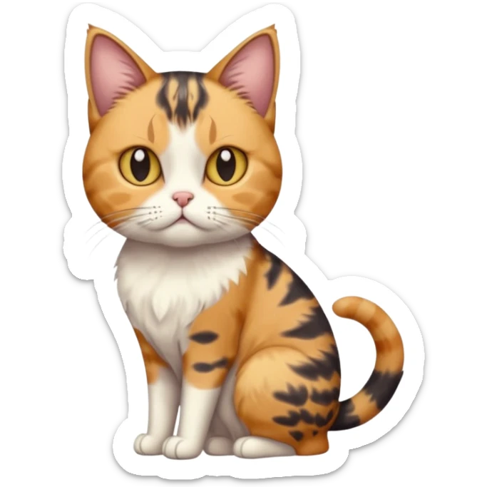 full body calico tabby cat with skinny head and fat body with an anxious face sticker