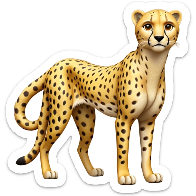 cinematic-cheetah-realistic-full-body-standing-emoji,-slim-and-athletic-frame-poised-for-action,-long-tail-curving-slightly,-head-tilted-dramatically,-sleek-golden-fur-with-black-spots,-piercing-amber-eyes,-simplified-yet-realistic-focused-features,-highly-detailed,-glowing-with-an-almost-sarcastic-glow sticker