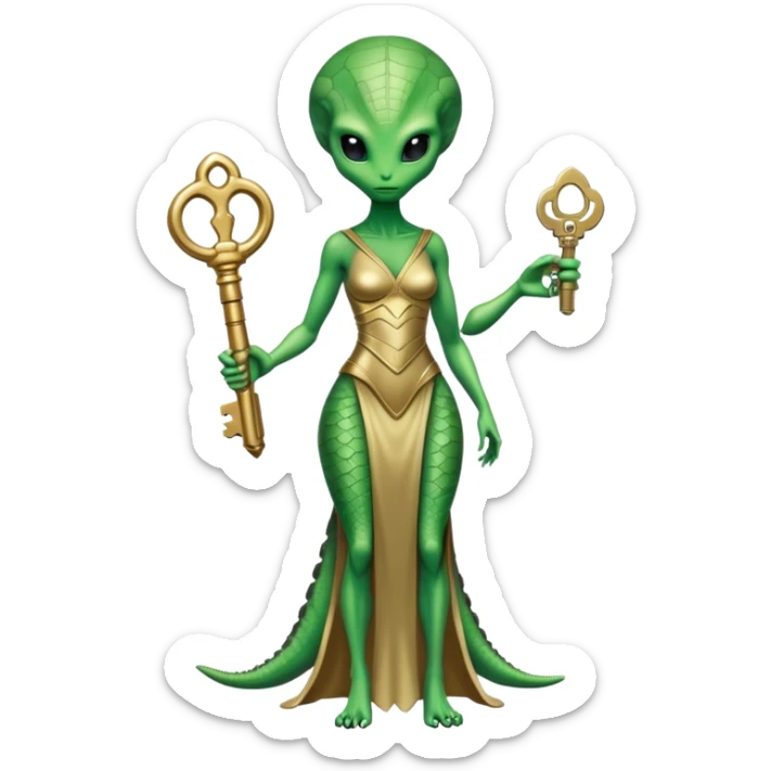 a reptilian alien woman green , in gold dress, hold a big key, full figure sticker