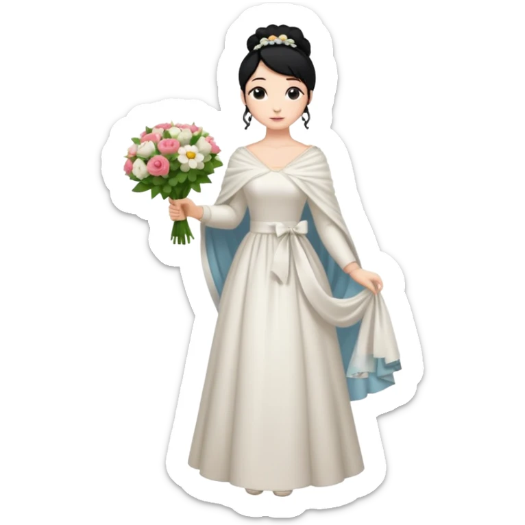 Chica blanca,cuerpo entero, vestido boda ,manga larga ,con estola, pelo negro,    ramo de flores una mano, pelo recogido en moño alto sticker