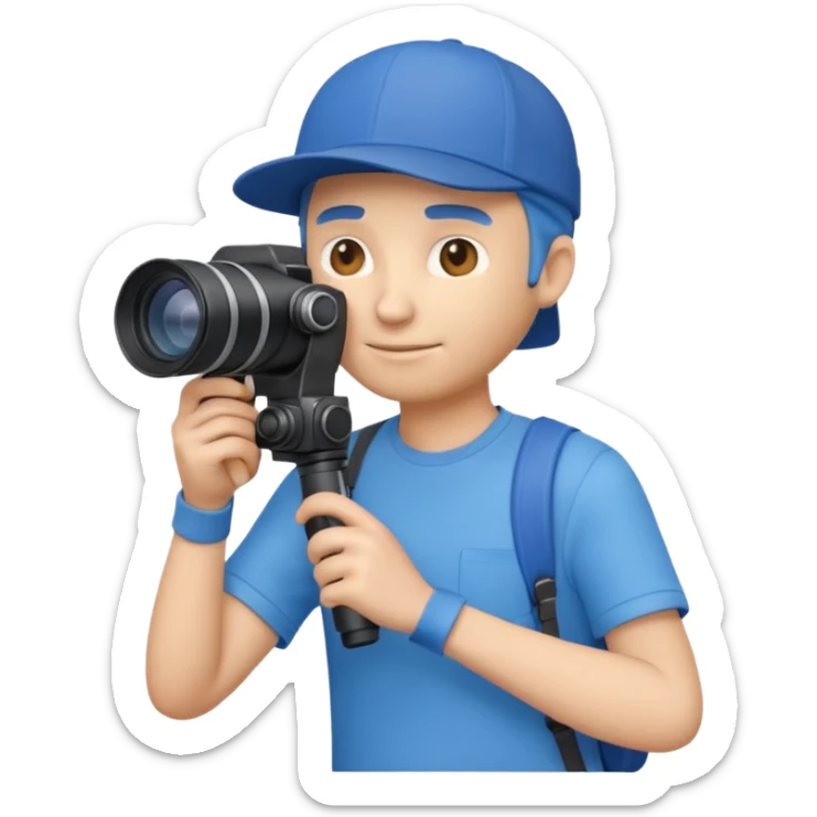 3D emoji-style icon of a photographer in side profile, wearing a blue cap backwards and a blue t-shirt, holding a professional camera with a long telephoto lens sticker