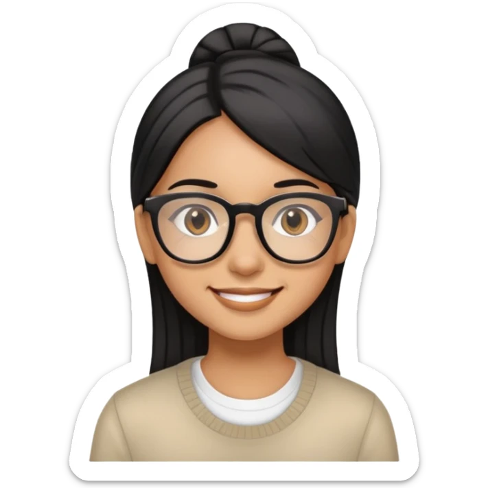 girl with light brown skin smiling with straight black hair, brown eyes, and clear glasses sticker