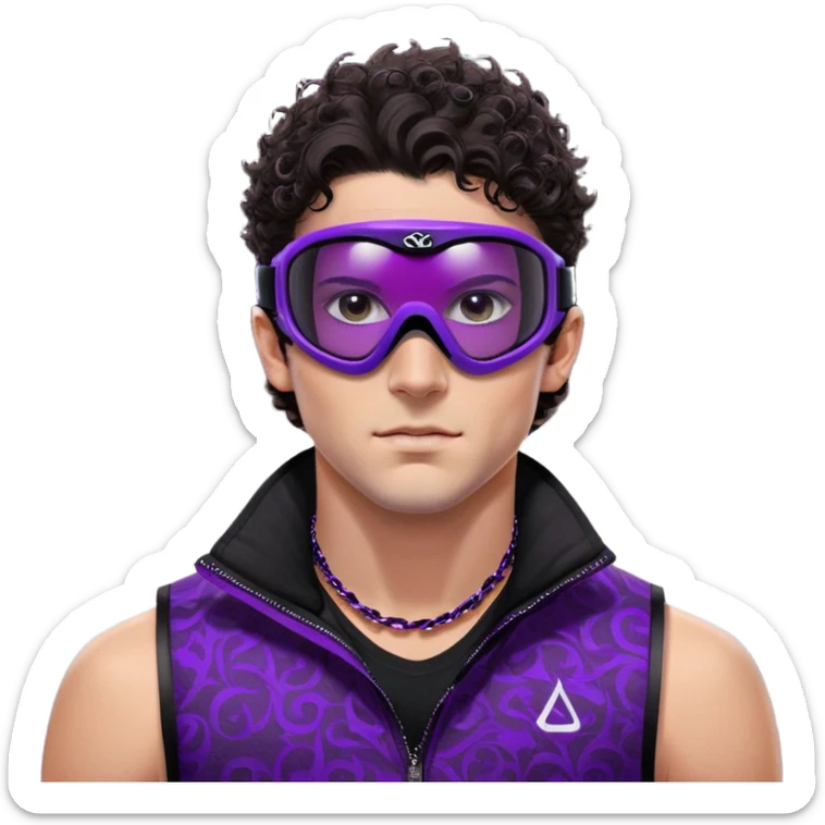 close-up of bad guy male athlete with white skin and moderately curly dark brown hair on top with shaved sides, wearing ski goggles with purple frames and very dark black lenses, a simple plain black chain necklace, and a completely unzipped sleeveless vest with purple and black sequin fire pattern design with no logo, with an extremely arrogant sneer on his face, looking menacing and villainous, exuding overconfidence and a threatening aura sticker
