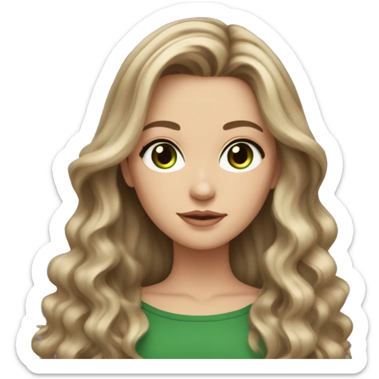 White girl with long voluminous brown hair with blonde highlights balayage and green eyes sticker
