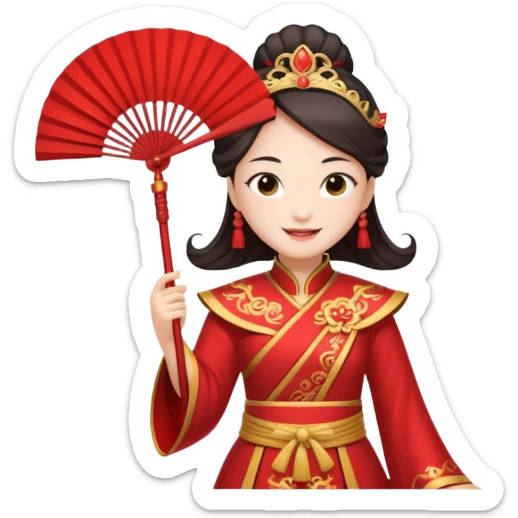 Chinese mythology Princess Iron Fan, wearing red ancient costume, holding iron fan, smiling, dignified temperament sticker