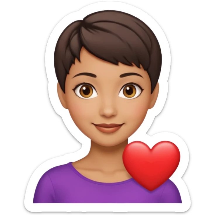 woman pixie cut dark brown hair, tan skin, brown almond eyes, heart shaped face sticker