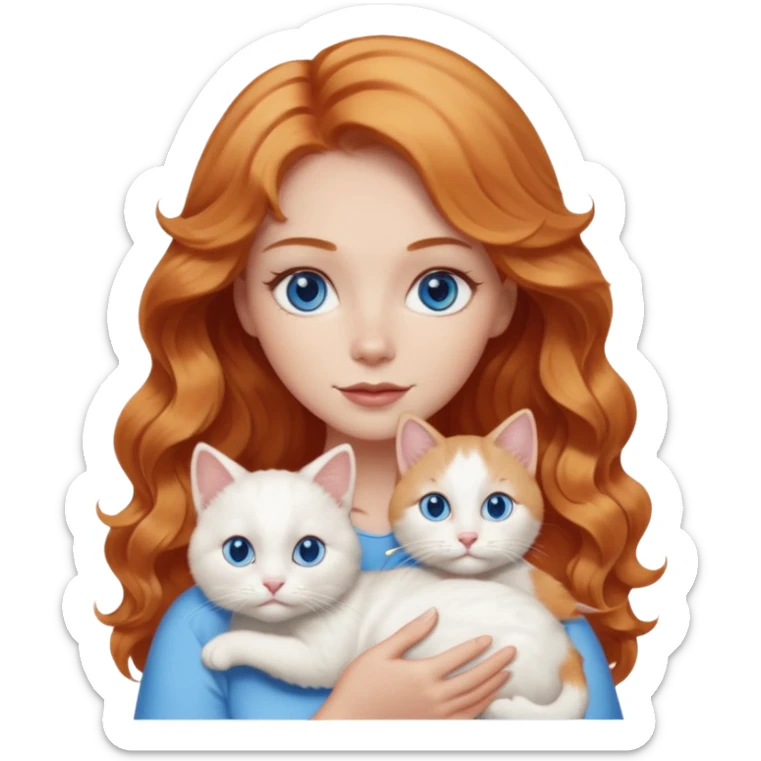 Long wavy strawberry blonde blue eyes woman with a white cat with blue eyes realistic  sticker