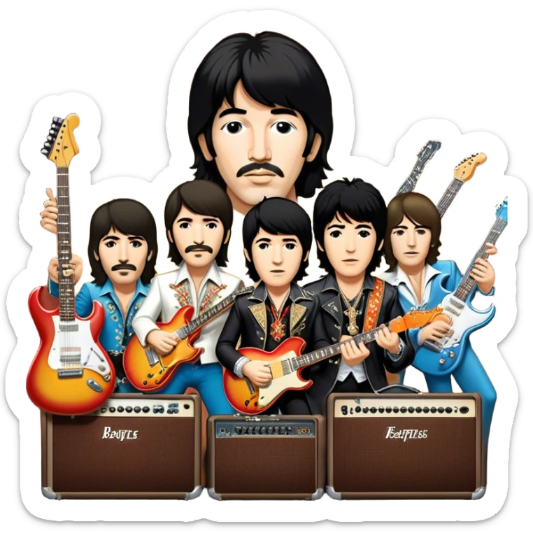 Rock music icon: dynamic collage of global rock legends like The Beatles, Jimi Hendrix, Elvis Presley, Led Zeppelin, Queen, and Nirvana, surrounded by guitars, amplifiers, and stage lights. Symbolizing the energy and power of rock music. Transparent background. sticker