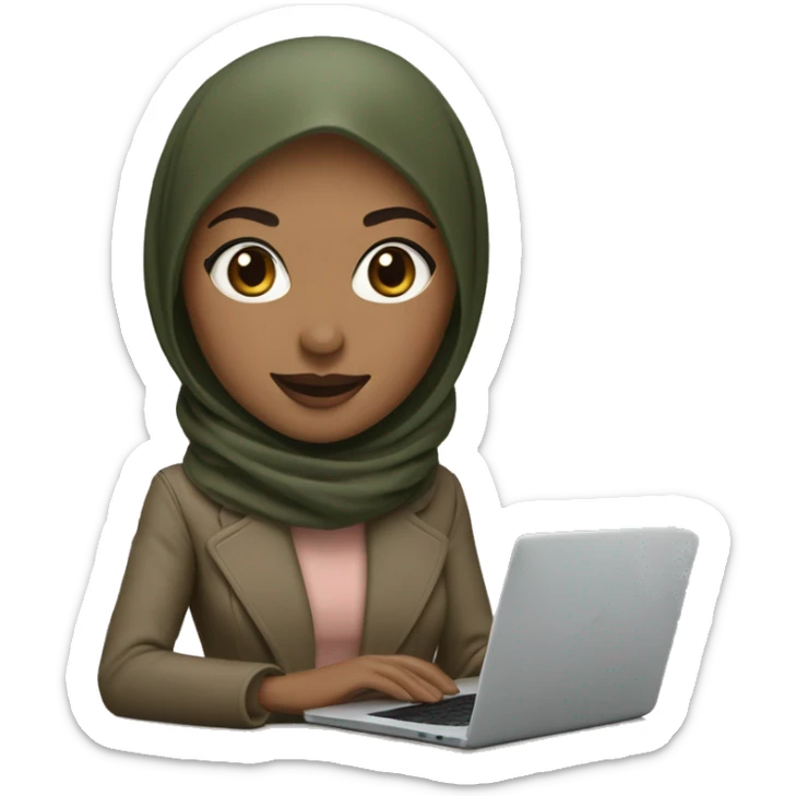 memoji of a woman with a laptop in front, apple-style,modern with dark olive green hijab,dark beige color coat, fair, rose lips, working on laptop with smile on face sticker