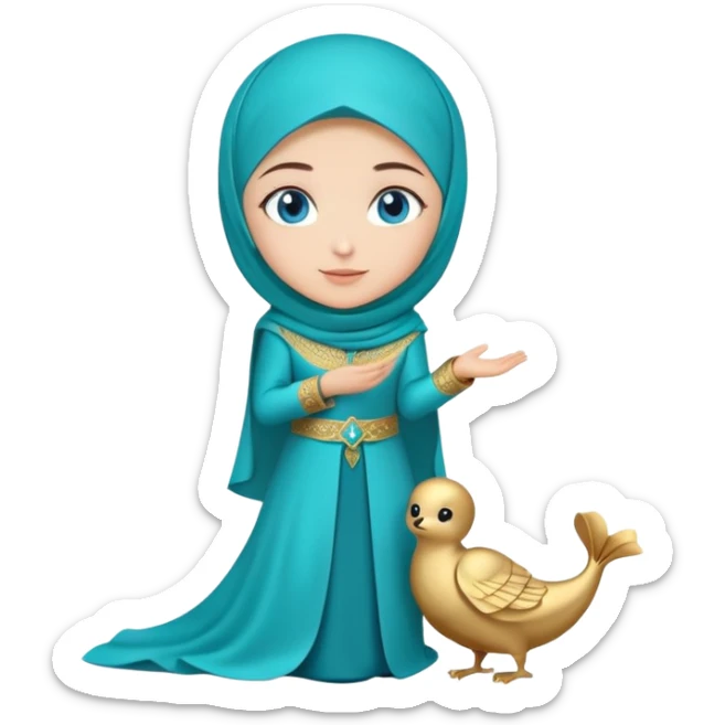 Turkish beautiful finish Konya girl blue eyes with gold hijab and islamic long tailed turquoise dress on the ground and had on her hand text Eid Mubarak  sticker