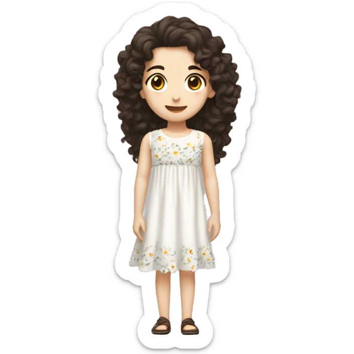 girls with white pale skin, with dark brown eyes, with dark brown long curly hair mullet shag, with a cute white flowery dress sticker