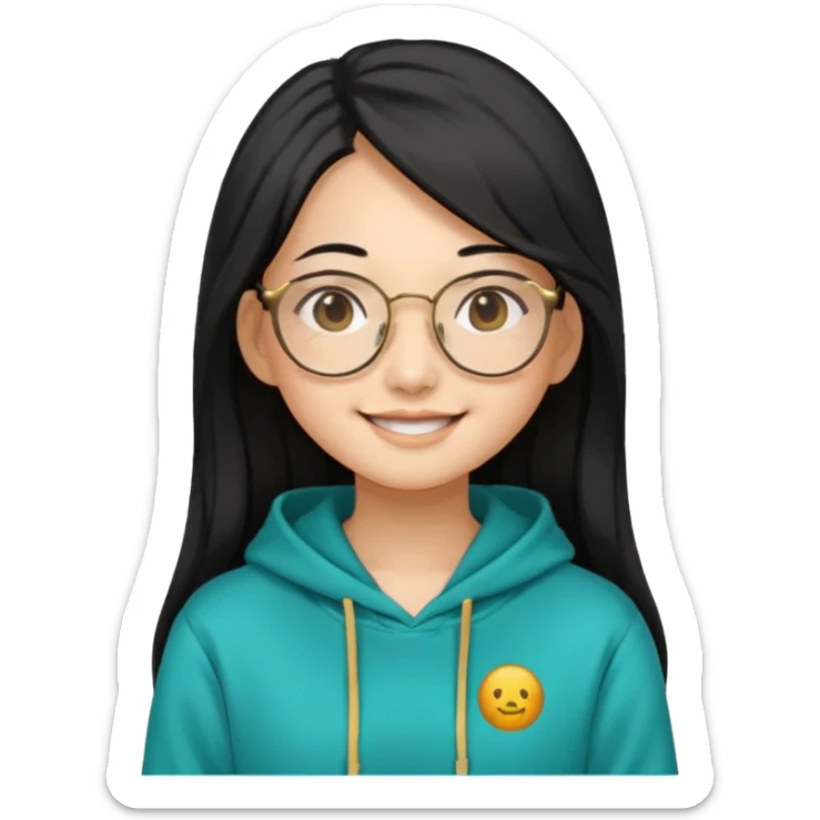 generate a smiling chinese female with long black hair, golden rim glasses, and a teal hoodie sticker