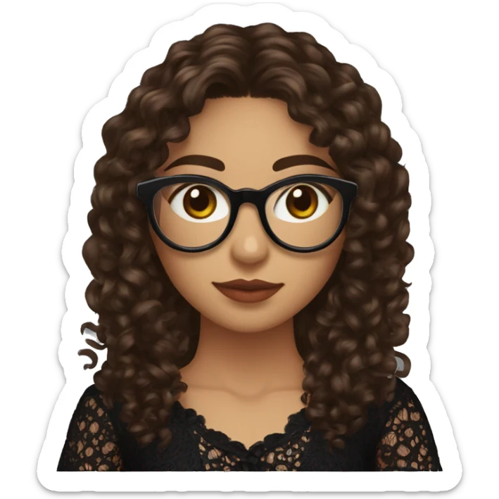 Hispanic woman with long chocolate brown curly hair,cateye black glasses, brown eyes, holding a ball of yarn with a needle in it, wearing a black lace shirt sticker