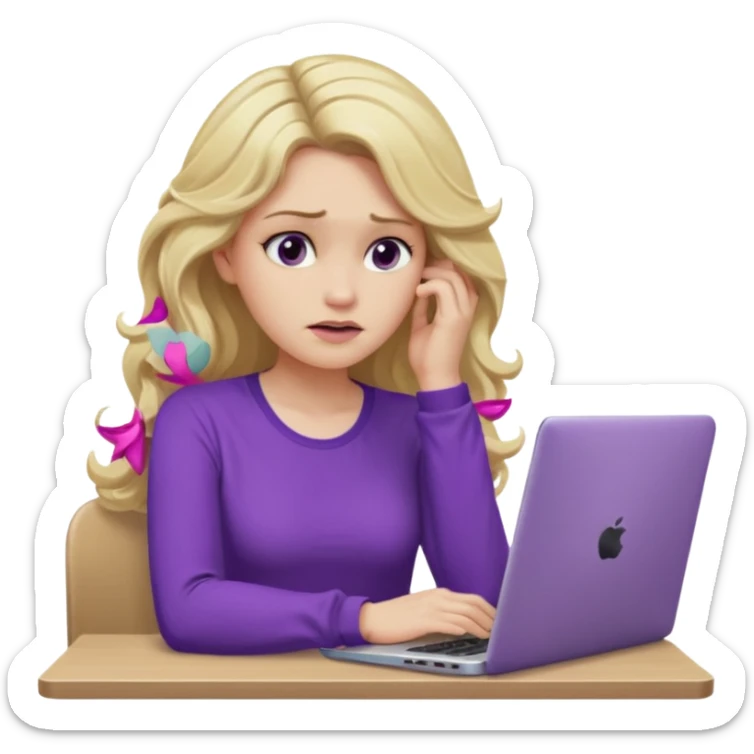 lady with long blonde wavy hair, purple top, one elbow one desk hand on face with a laptop looking defeated sticker