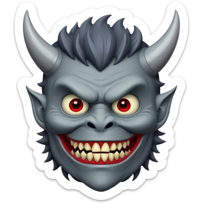 Rick Astley wearing a demon monster mask ( that probably originated from a tv show) that has small but sharp teeth and no eyes and the image is sideways and the entire image including Rick is gray sticker