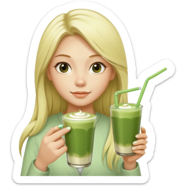A blonde girl with long hair offers a glass of matcha latte with two straws sticker