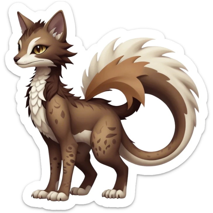 Kawaii dark edgy brown beige white fantasy ethereal feline-vernid-sergal-fursona animal creature with a tufted tail full body with intricate markings  sticker