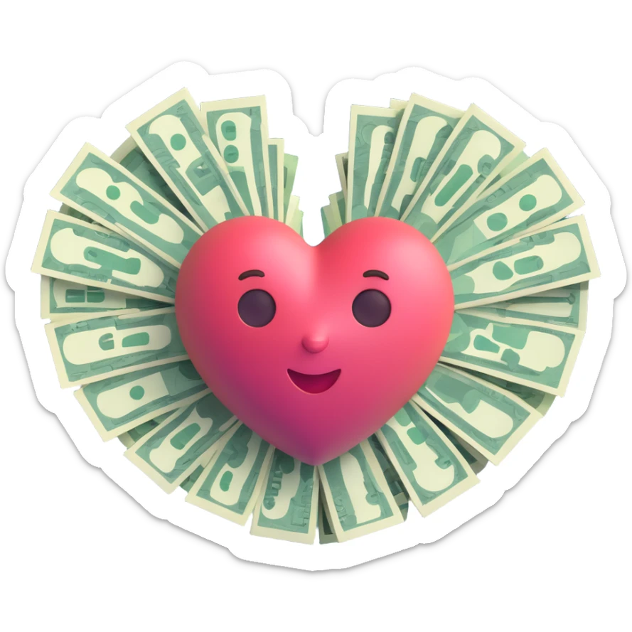 heart shape made of money, memoji style, playful and expressive, 3D look, soft shading, no text sticker