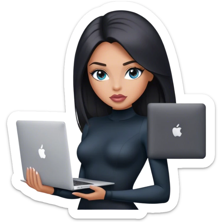 Glamours, tanned, very beautiful girl, with big pump peach-beige-rose lips, black straight smooth silky long hair, straight parting, blue-grey eyes, in black bodysuit holding MacBook sticker