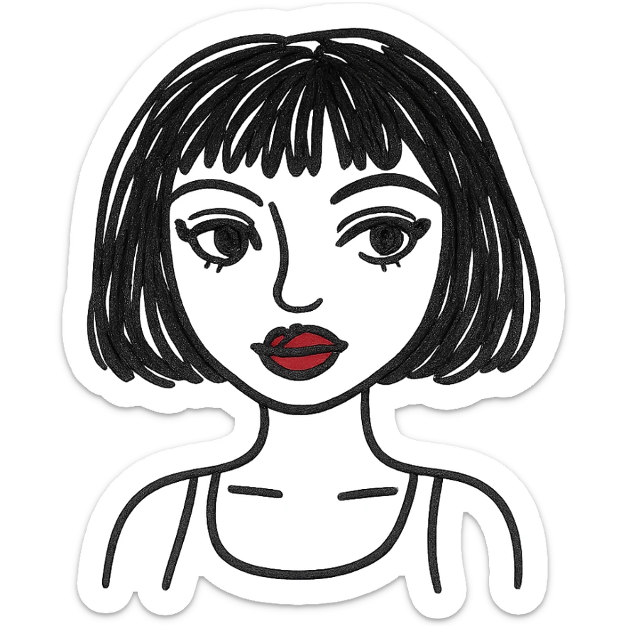 A pretty girl with black straight bob hair. She has hazel eyes with black eyeliner. She has plump red lips. She is wearing a white tank top sticker