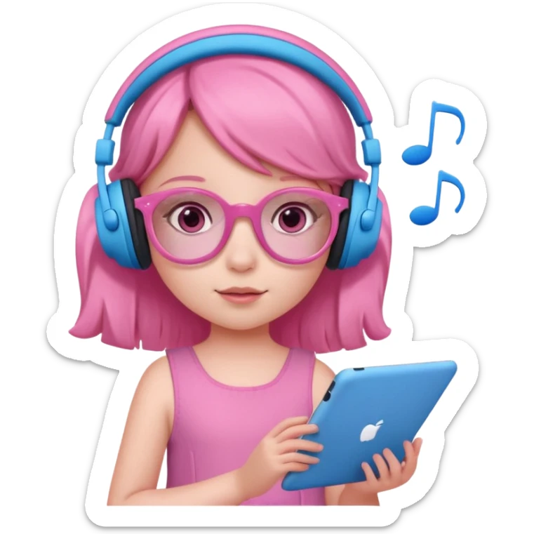 Little girl with headphones when pink eyes and pink iPad and pink dreamy background and rose colored glasses and blue music notes around her and pink dress sticker