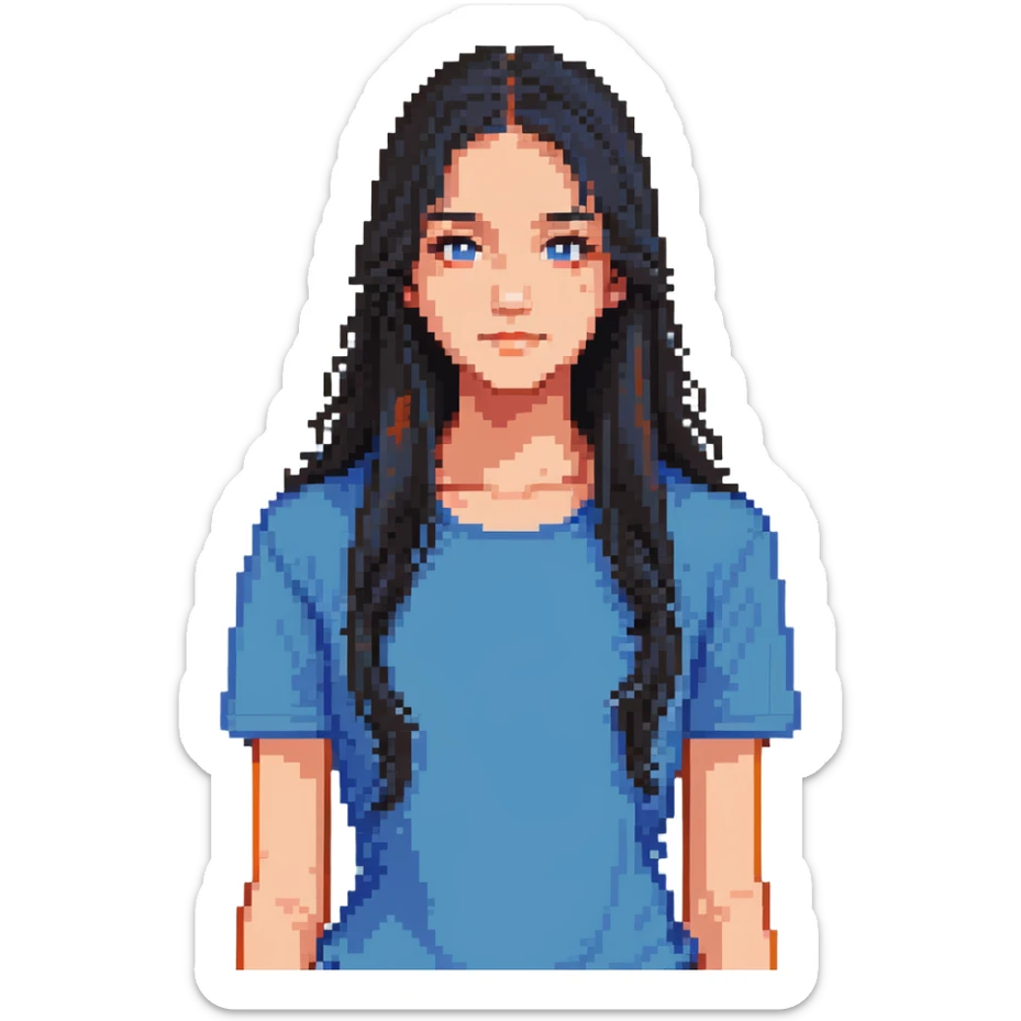 teenager girl with black long hair and blue shirt sticker