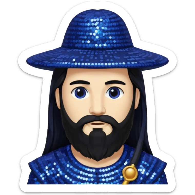Saturn, God of Time from Gods and Goddesses with long black hair and beard, indigo sequin outfit sticker