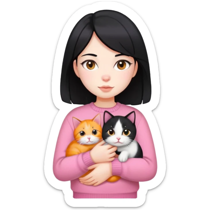 girl with black hair holding a tri-colored cat (black, orange, white) wearing a pink sweater sticker