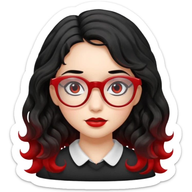 ילדה עם שער שחור וגלי אבל לא יותר מידי מתולתל ארוך אישונים שחורים משקפיים בצבעיי שחור ואדום sticker