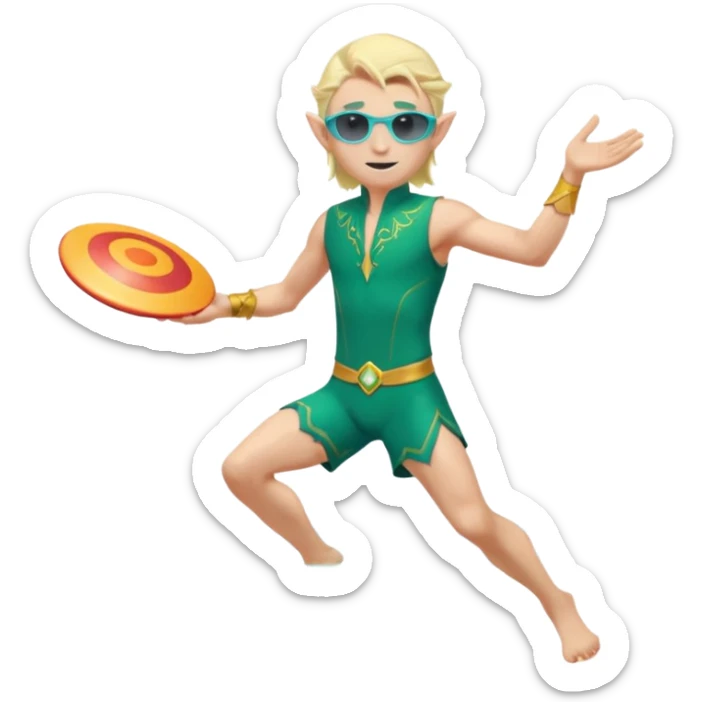 elf male legolas launching a frisbee woven from pure sunlight, wearing sporty teal swim shorts and performance sunglasses, pointy ears, centered emoji sticker