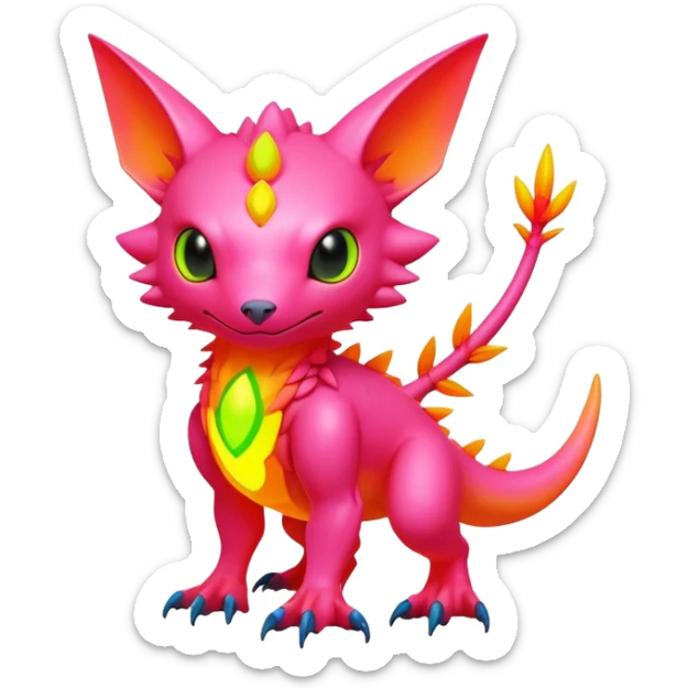 Tropical futuristic lush warm-colored modern colorful neon-colored Fakémon-Digimon-Trico-Vernid-creature sticker