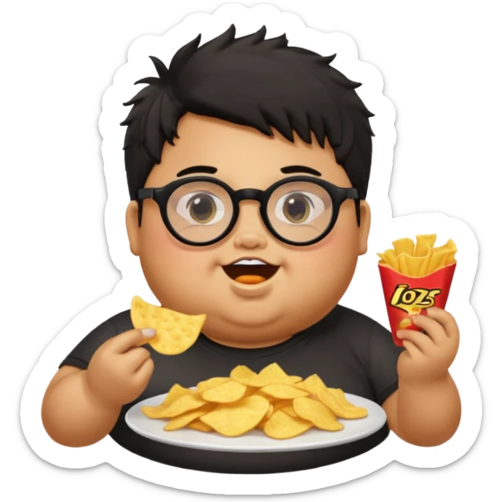 generate a pretty bratz boy with spectacles on, fat, tan. Black hair messy. eating chips sticker