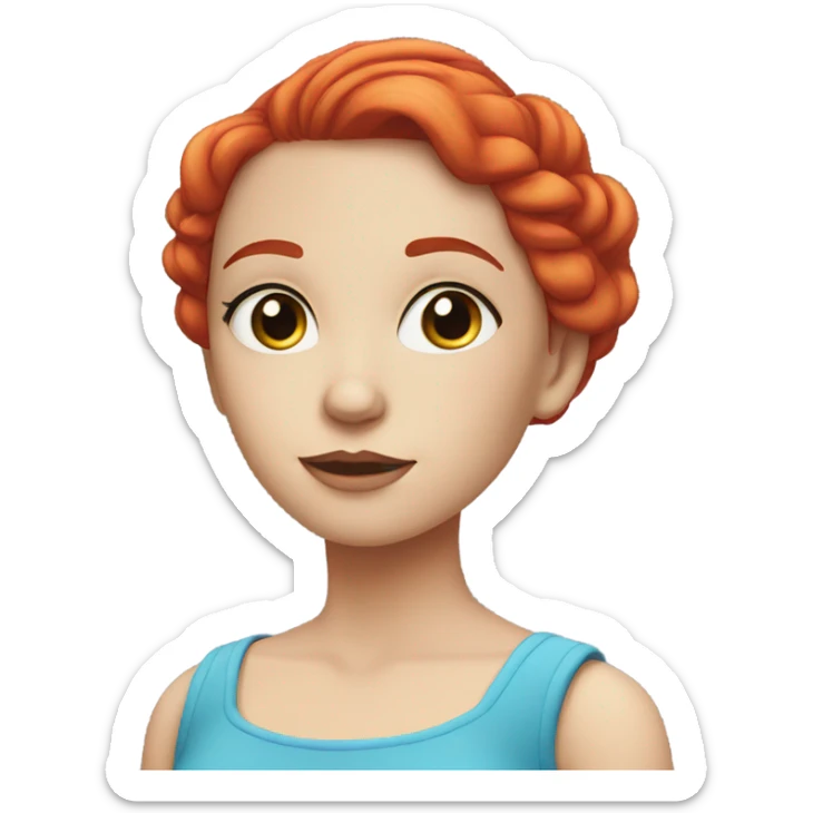 Girl, white skin, red hair, colorful makeup, blue dress, head sticker