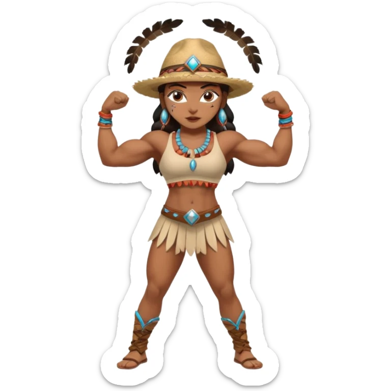 native american brown skin sexy girl, flexing muscles, full body, muscled, with traditional outfit and hat sticker