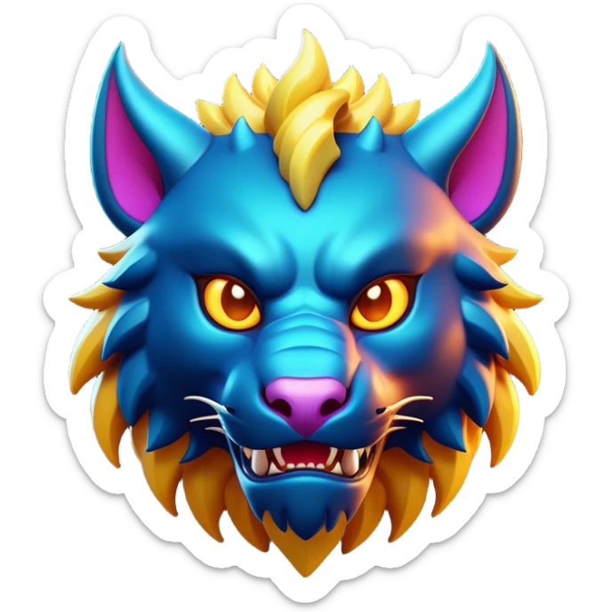 Clash of Clans aesthetic: Cinematic fierce Beast Emoji, rendered in a 3D vector-style similar to standard emojis with minimal shading and bold, simplified shapes. A compact, isometric mythical creature with wild, majestic features and fierce yet endearing eyes, softly glowing with a primal enchanted charm. Simplified yet unmistakably iconic, highly detailed and consistent, glowing with a soft radiant shine and high polish. Stylized with a touch of mythical wildness and a soft glowing outline, capturing the essence of a legendary beast with a friendly, playful allure! sticker