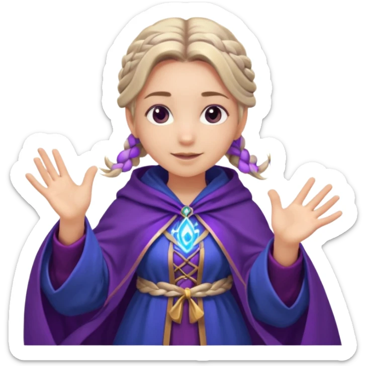 A playful mage girl with braids, purple cloak, and magic swirling around her hands.
 sticker