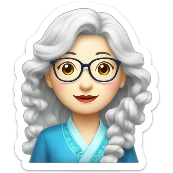 Chinese seniors lady wear glasses has wavy long hair wear Chinese traditional dress show appreciation sign sticker