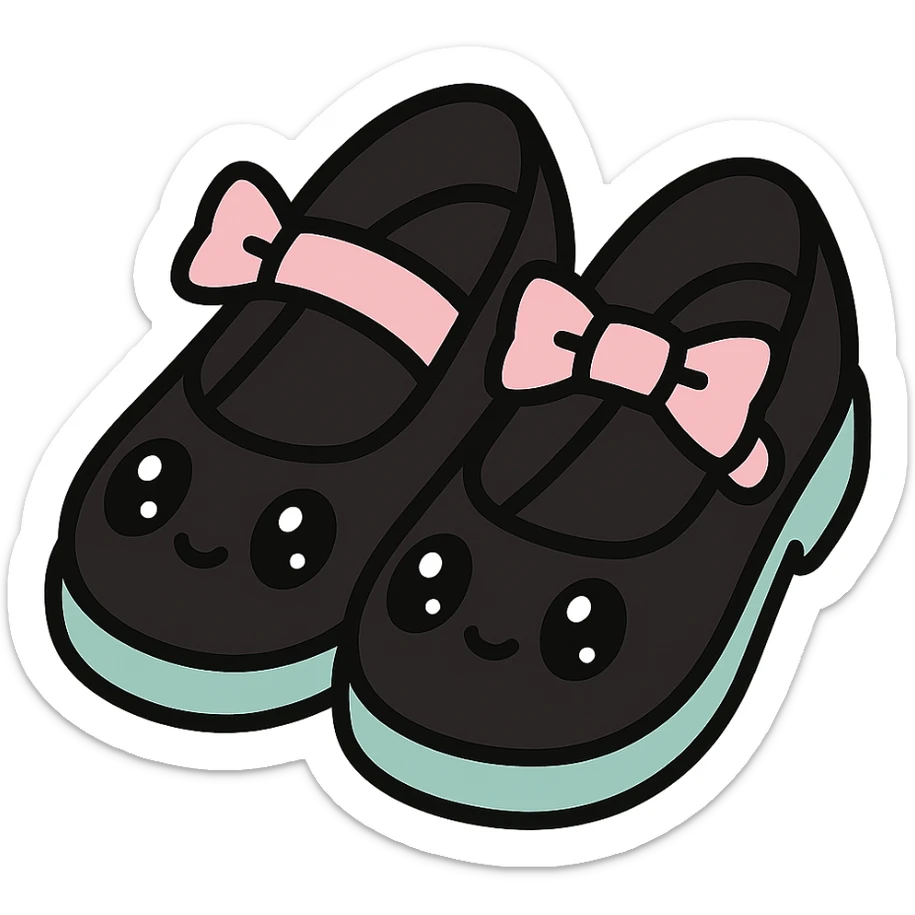 BLACKPINK-inspired gothic shoes, no hearts, black and pink, cute and stylish, kawaii style, pastel teal accents, mary jane shoes with bows sticker