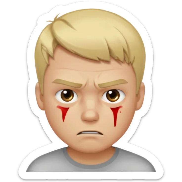 a blond guy with a short haircut, a tired and angry face, no shirt, with bruises under his eyes, and signs of beatings on his body, in the dark sticker