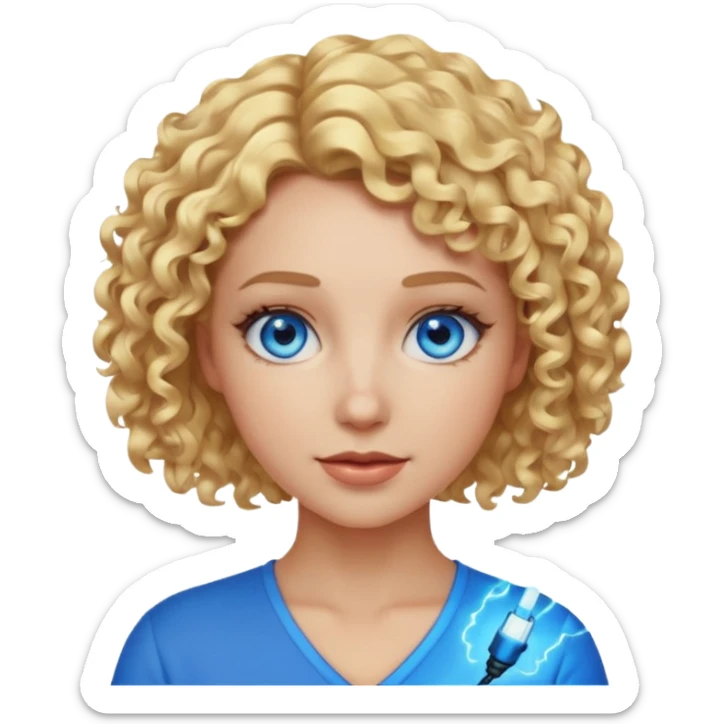 a woman with short curly blonde hair, blue eyes, blue electricity surrounding her, simplified and expressive, emoji style sticker