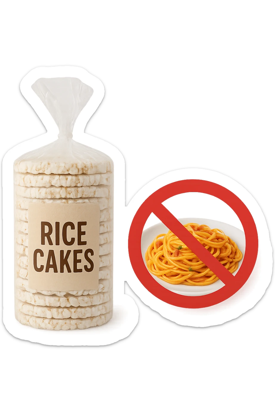 confezione di gallette di riso con accanto un piatto di pasta con divieto sopra, in italiano,  realistici sticker