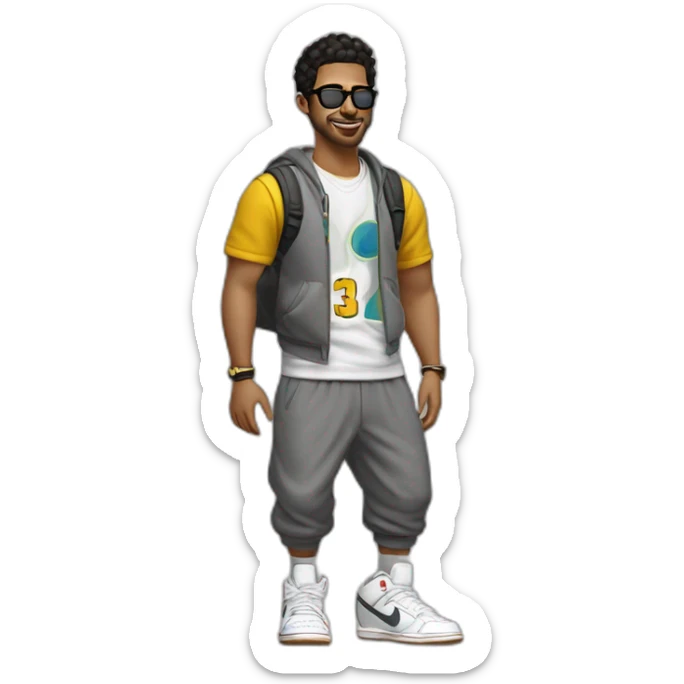 chico rubio  con lentes vestido con buzo y pantalone baggy y zapatillas nike dunk feliz cuerpo entero sticker