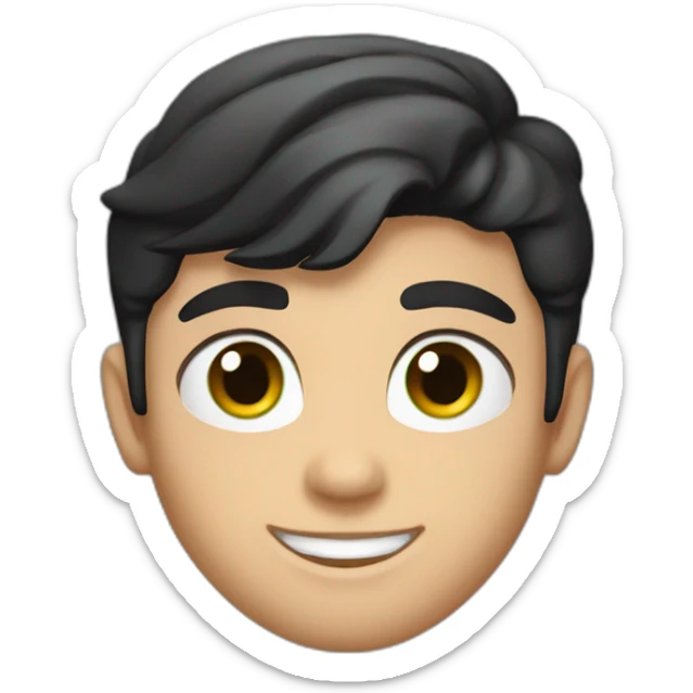 A smiling white teen with a long face in red Ferrari jersey with very short black hair and light green eyes and dig cheeks sticker