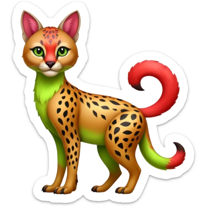 Colorful cute adorable shiny tropical exotic fruity kiwi-green lemony rosy neon-red Caracal-Cheetah-Civet-Trico-fusion-hybrid-animal-creature, full body, with tribal tattoos sticker