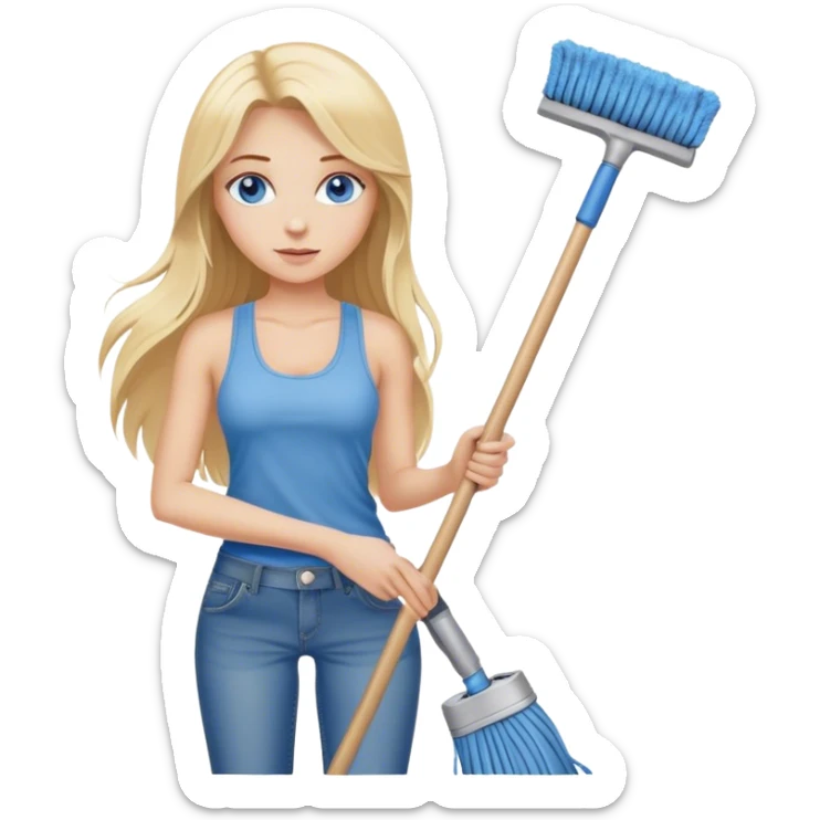 Cinematic realistic blonde with long hair and blue eyes, dressed in jeans and a tank top, holding a mop in her hands sticker