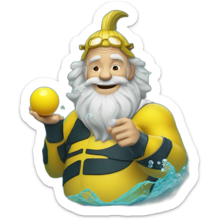 Underwater old happy man mermaid swimming, snorkel equipement, holding a small yellow ball, winning enthousiasm with kungfu pose sticker